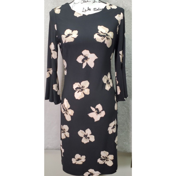 Tommy Hilfiger Sheath Dress Women's Size 2 Black Floral Long Sleeve‎ Back Zipper - Picture 1 of 12